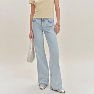 Reformation Cary Low Rise Cloquette Light Blue Flare Jeans